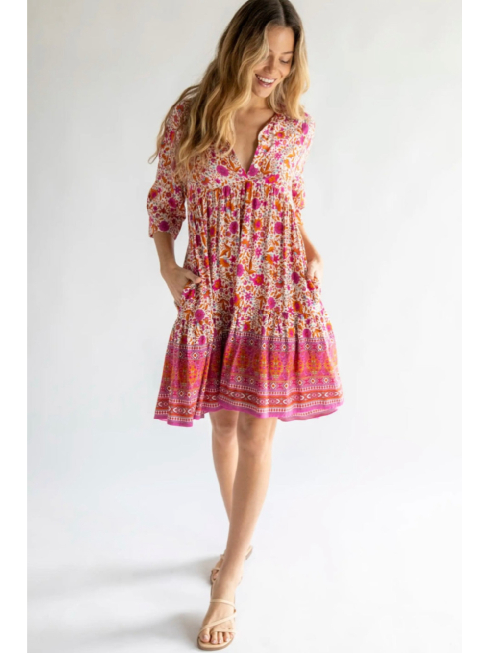 Natural Life Becca Short Dress- Pink Floral Border Women’s Size M